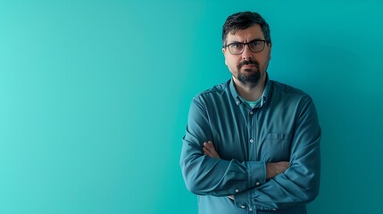 Fototapeta premium Portrait of his he nice attractive serious brunette mature guy freelancer system administrator folded arms isolated over bright vivid shine vibrant teal green blue turquoise color back : Generative AI