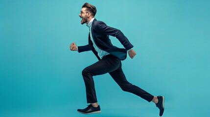 Obraz premium Happy, confident young businessman running on a blue background