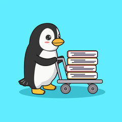 Cute penguin delivering books on trolley cartoon vector illustration