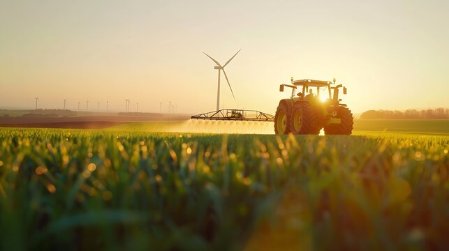 Scenic landscape view big modern tractor machine with sprayer equipment spraying fertilizer in rapeseed agricultural field against windfarm power windmill Arable land cultivation susta : Generative AI