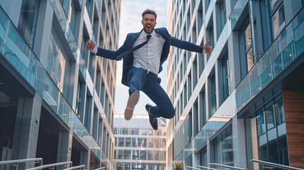 The young businessman happily and confidently jumped between two buildings