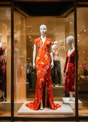 Fashionable evening orange summer dress on a mannequin. ai generative. ai generative