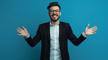 Young businessman showing cheerful gesture standing on blue background