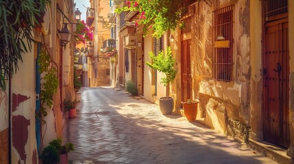 Fototapeta premium Street in the old town of Chania Crete Greece Charming streets of Greek islands Crete Beautiful street in Chania Crete island Greece Summer landscape Chania old street of Crete island : Generative AI