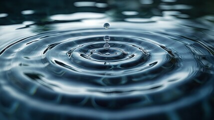 Water Droplet Causing Ripples, Ideal for Nature and Tranquility Themes, Calm Blue Color Palette