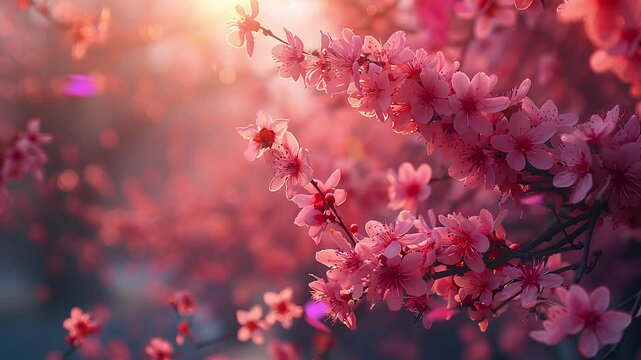 pink cherry blossom trees in spring, beautiful butterflies flying