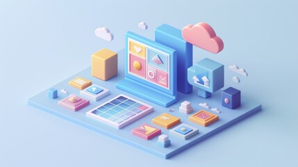 Obraz premium Abstract Futuristic 3D Render Minimalistic Style with Floating Geometric Shapes Isometric Design, Light Color Theme, Bright Background, and Soft Lighting