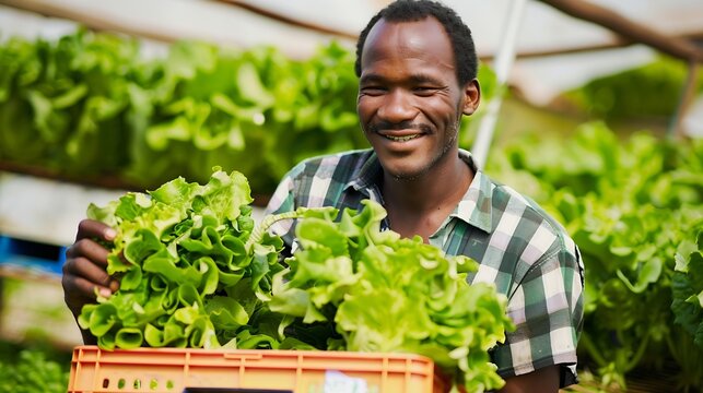 Portrait of organic food grower showing crate with fresh lettuce production ready for delivery to local stores Smiling african american vegetables farmer holding fresh salad grown in g : Generative AI