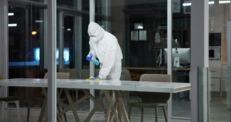 Cleaner, person and cleaning table office for fumigation, spray disinfect and safety suit from...