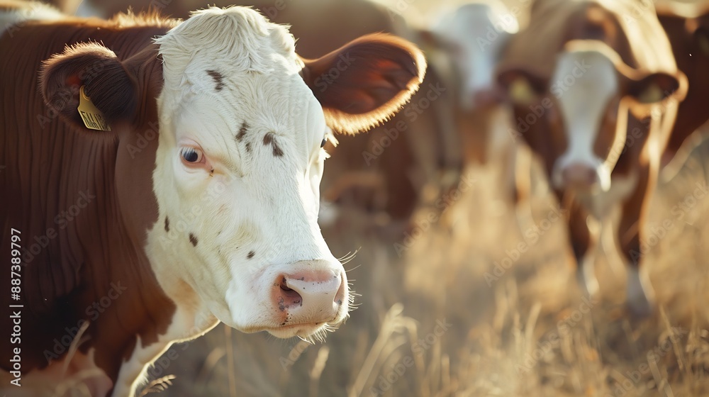 Poster closeup of a herd of hereford cattle grazing in a saskatchewan pasture : generative ai