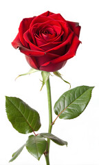 Naklejka premium Red rose flower on stem with leaves 