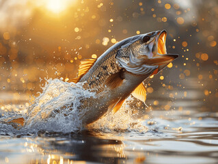 Obraz premium Beautiful Golden Hour Bass Jumping Out of Water with Splash Fishing Scene