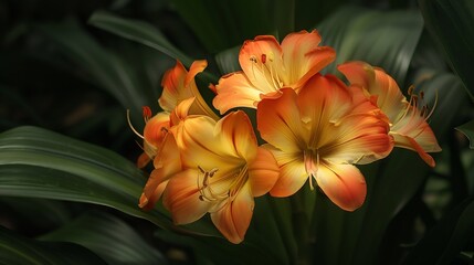 Fototapeta premium Vibrant orange and yellow flowers with dark green leaves in a lush garden setting Captures the striking color contrast and natural beauty of the blooms : Generative AI