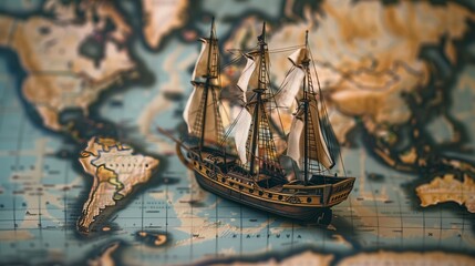 A detailed model of an old sailing ship placed on a vintage world map, emphasizing exploration and history. © Olly Photography