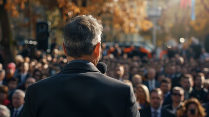 Fototapeta premium A speaker in a suit addresses a large crowd outdoors, with autumn leaves and a sunny background.