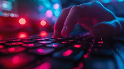 Hand typing on an illuminated RGB mechanical keyboard, representing technology, gaming, and digital work in a vibrant light setting.