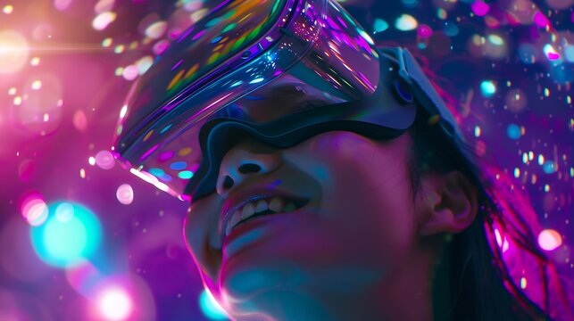 Enthusiastic smiling Asian woman looking through VR headset metaverse and touching in neon digital universe starry zodiac with virtual space exploration on vibrant abstract background : Generative AI