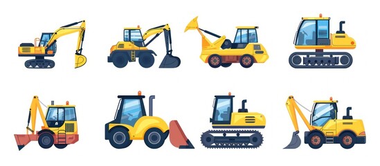 Set of Construction Vehicles: Excavators, Bulldozers, and Loaders