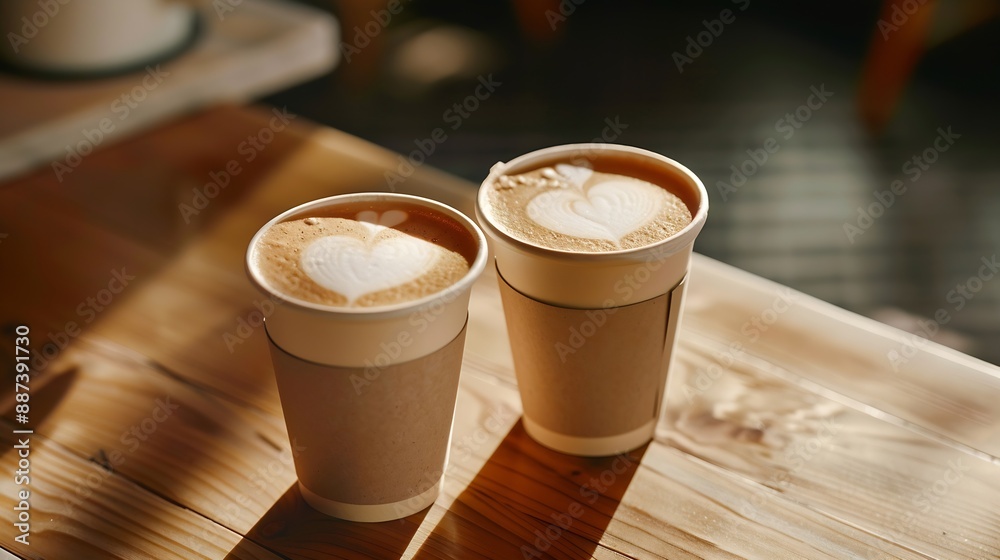 Poster two takeaway cappuccinos with heart latte art on a wooden table convey a cozy coffee break atmospher