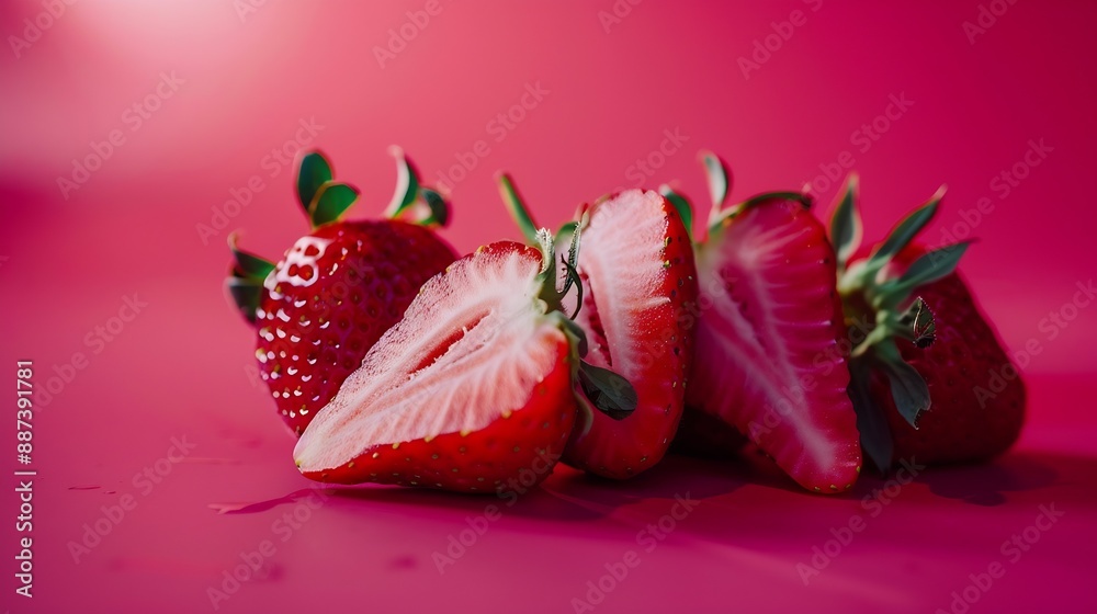 Poster the composition of strawberries on a colored background cut strawberries into pieces with copy space