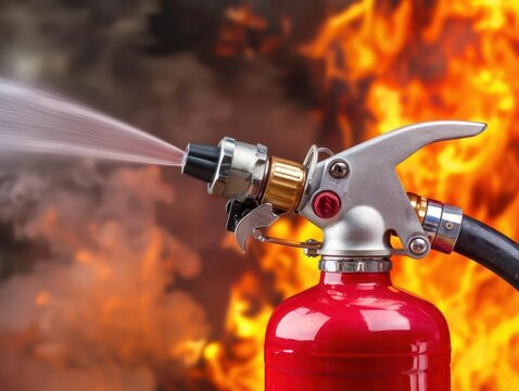 A fire extinguisher's nozzle aimed at the base of a fire