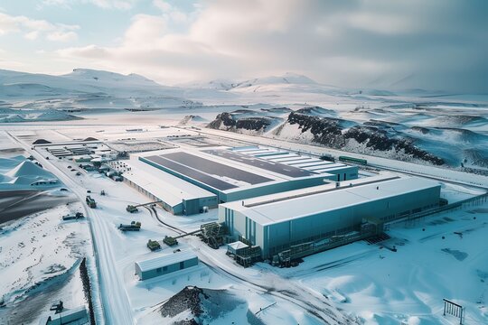 Aerial view of a modern large warehouse in the middle, next to it is an industrial building with solar panels on the roof and other machinery around, snow covered ground and surrounding landscape, Ice