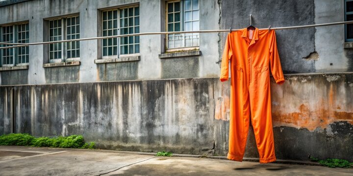 Orange jumpsuit hanging on a concrete wall with a reform school banner in the background, symbolizing juvenile delinquency and rehabilitation, with an empty, eerie atmosphere.