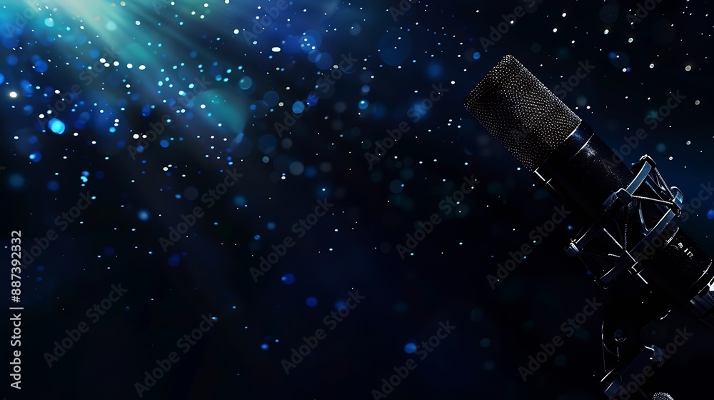 Poster Professional microphone on black background with bokeh lights in rays of bluered light closeup Web banner with copy space for design : Generative AI