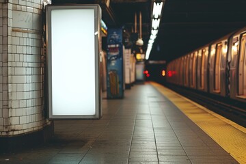 Fototapeta premium Empty subway station with a blank illuminated billboard, tiled walls, and a train at the platform. Ideal for transport and advertising concepts.