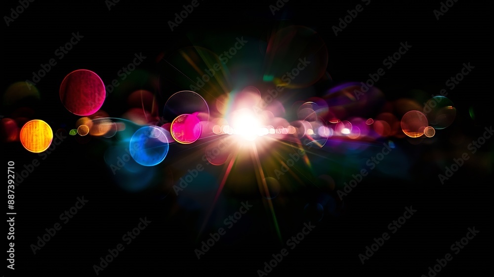 Poster abstract blurred colorful lens flare bokeh on black : generative ai