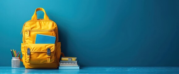 Yellow Backpack with Books and Pencils on Blue Background