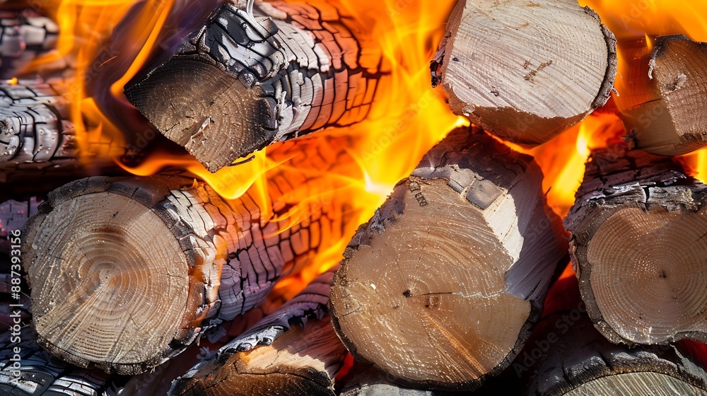 Aufkleber closeup of intense vibrant flames engulfing firewood the bright orange and yellow flames create a dy