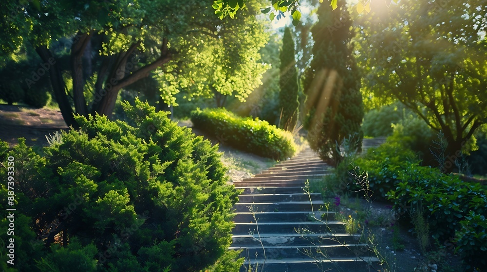 Poster cozy park with a beautiful staircase paths and juniper bushes wide photo : generative ai