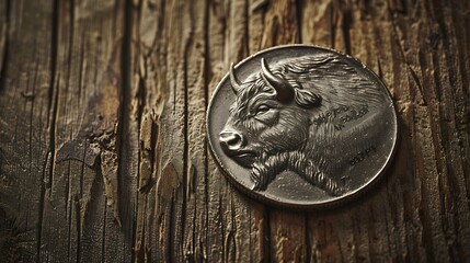 Vintage buffalo nickel on a wood background 1940s era : Generative AI