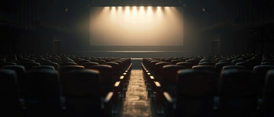 Cinema with a large blank screen, dim ambient lighting, and rows of empty seats, perfect for showcasing film previews, presentations, and theater promotions