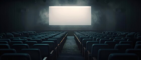 Obraz premium Cinema with a large blank screen, dim ambient lighting, and rows of empty seats, perfect for showcasing film previews, presentations, and theater promotions