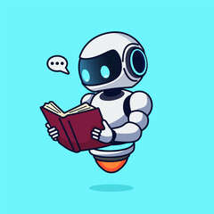 Cute flying robot reading book cartoon vector illustration