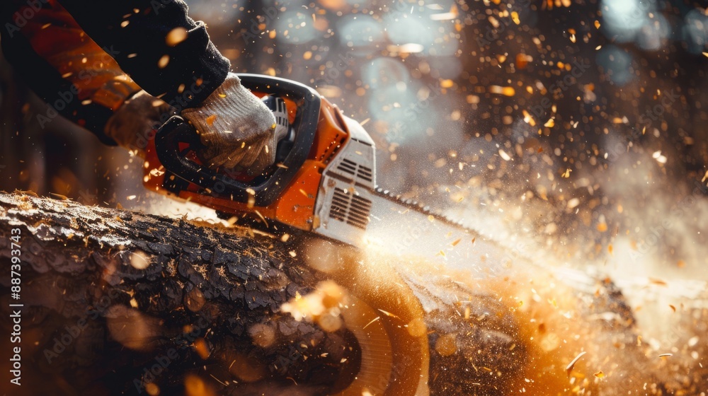 Wall mural A close-up view of a chainsaw cutting through a log, with sawdust flying in the air