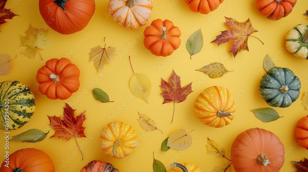 Poster overhead shot of various pumpkins and autumn leaves arranged on a vibrant yellow backdrop perfect fo