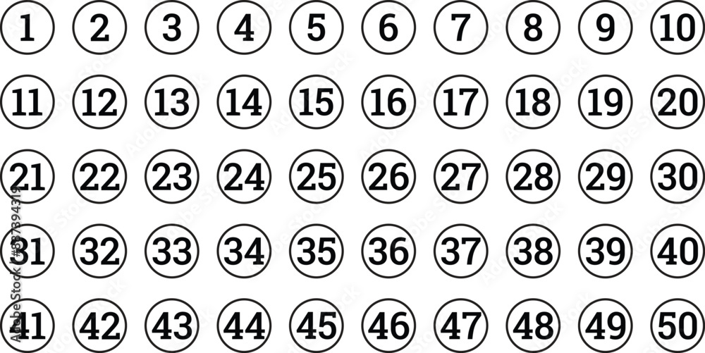 Poster number bullet points icon icon set of 1-50. digit stroke circle black symbols. number in stroke roun