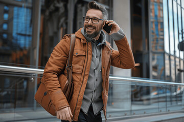 Fototapeta premium Happy businessman with leather bag talking on phone while walking in front of building wearing glasses and brown jacket