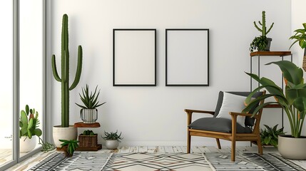Interior design of retro living room with stylish vintage armchair shelf house plants cacti decoration carpet and two mock up poster frames on the white wall Botany home decor Template : Generative AI