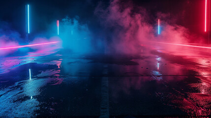 Digital studio neon light smoke dark background.