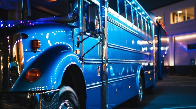 Wedding party bus coach transportation blue old vehicle to transport guests to church : Generative AI
