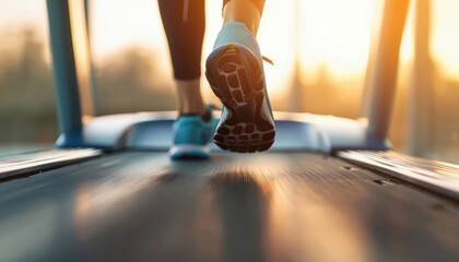 Closeup of legs in athletic shoes running on a treadmill, highlighting the dynamic movement and energy of a workout session, ideal for promoting health, fitness, and gym equipment