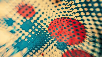 Closeup photo of a real vintage comic book page with red and blue dot pattern print : Generative AI