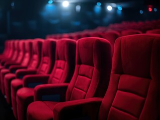 Fototapeta premium Comfortable red cinema chairs in a dimly lit theater, ready for an audience, perfect for movie night promotions and entertainment venue advertising