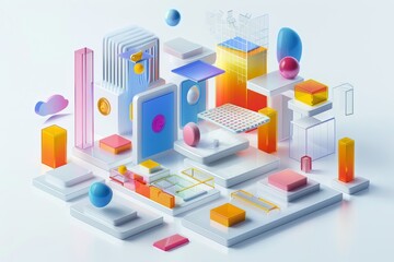 Obraz premium Abstract Futuristic 3D Render Minimalistic Style with Floating Geometric Shapes Isometric Design, Light Color Theme, Bright Background, and Soft Lighting