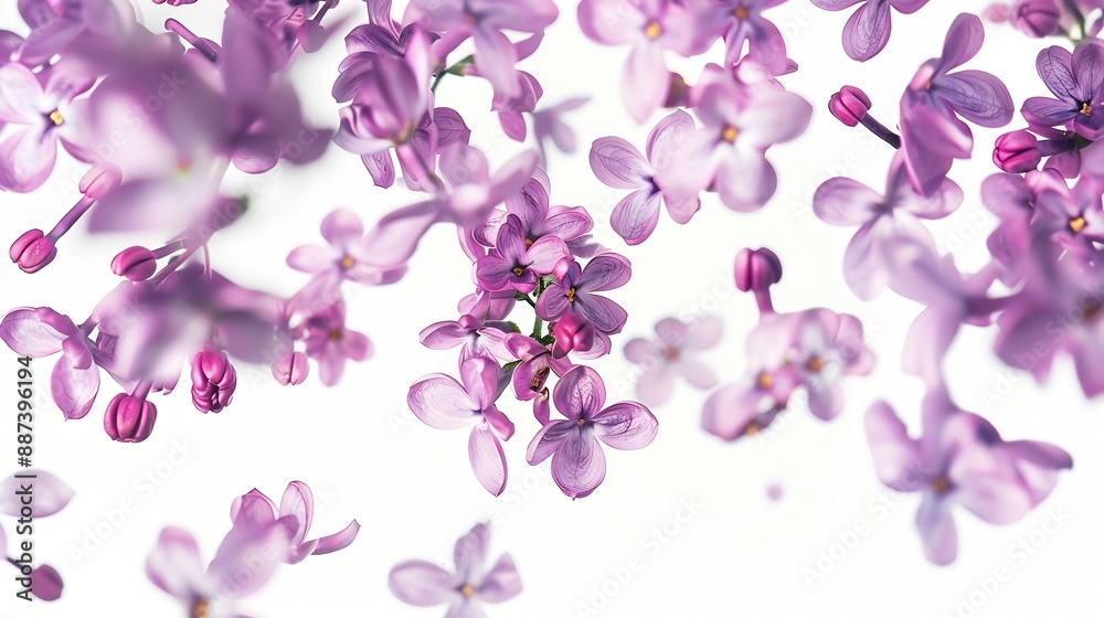 Poster Fresh lilac blossom beautiful purple flowers falling in the air isolated on white background Zero gravity or levitation spring flowers conception high resolution image : Generative AI