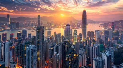 Fototapeta premium Urban Landscapes A bustling city skyline at dusk with sunset 
